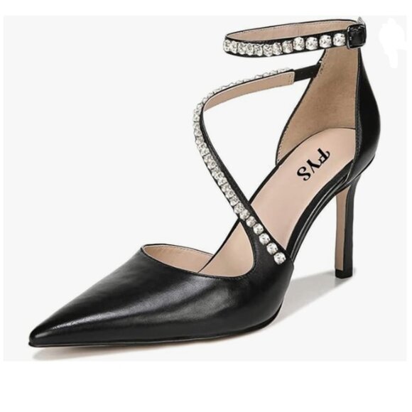 Black Studded Sexy Cross Strap High Heel Ankle Strap Pointed Toe Pumps Prom Shoe - Picture 1 of 7